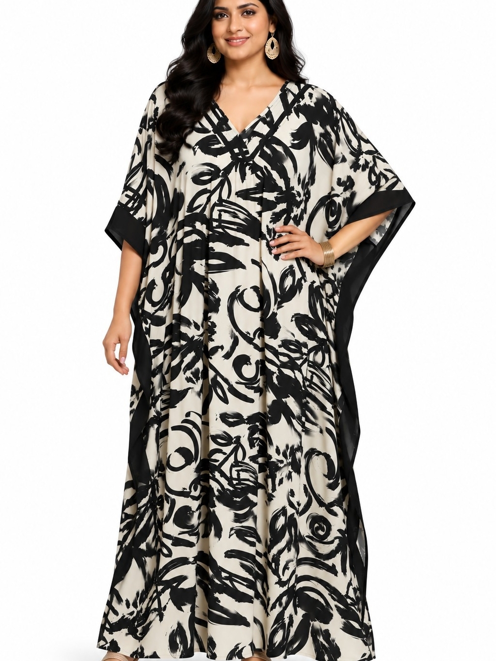 Black & Cream Printed Caftan Lounge Dress - Swim Cover-Up  SIZE XL NWOT